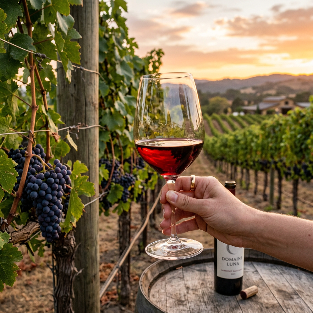 Hand holding a glass of red wine with vineyard and grape clusters in background